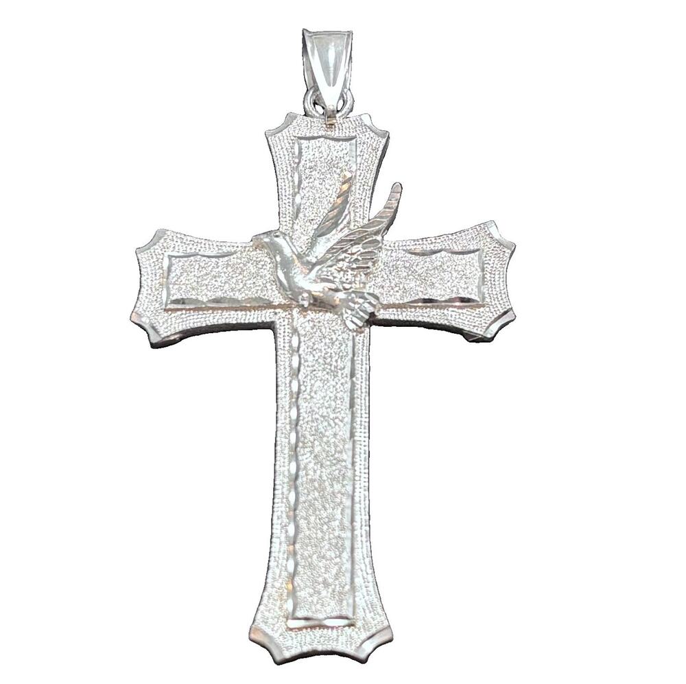 Vintage Large 3.5" Sterling Silver 925 Cross Dove Peace Pendant